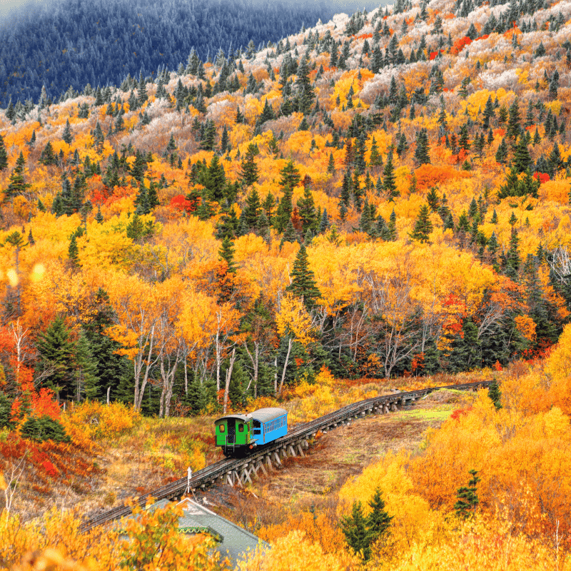 Cog railway in New Hampshire fall foliage